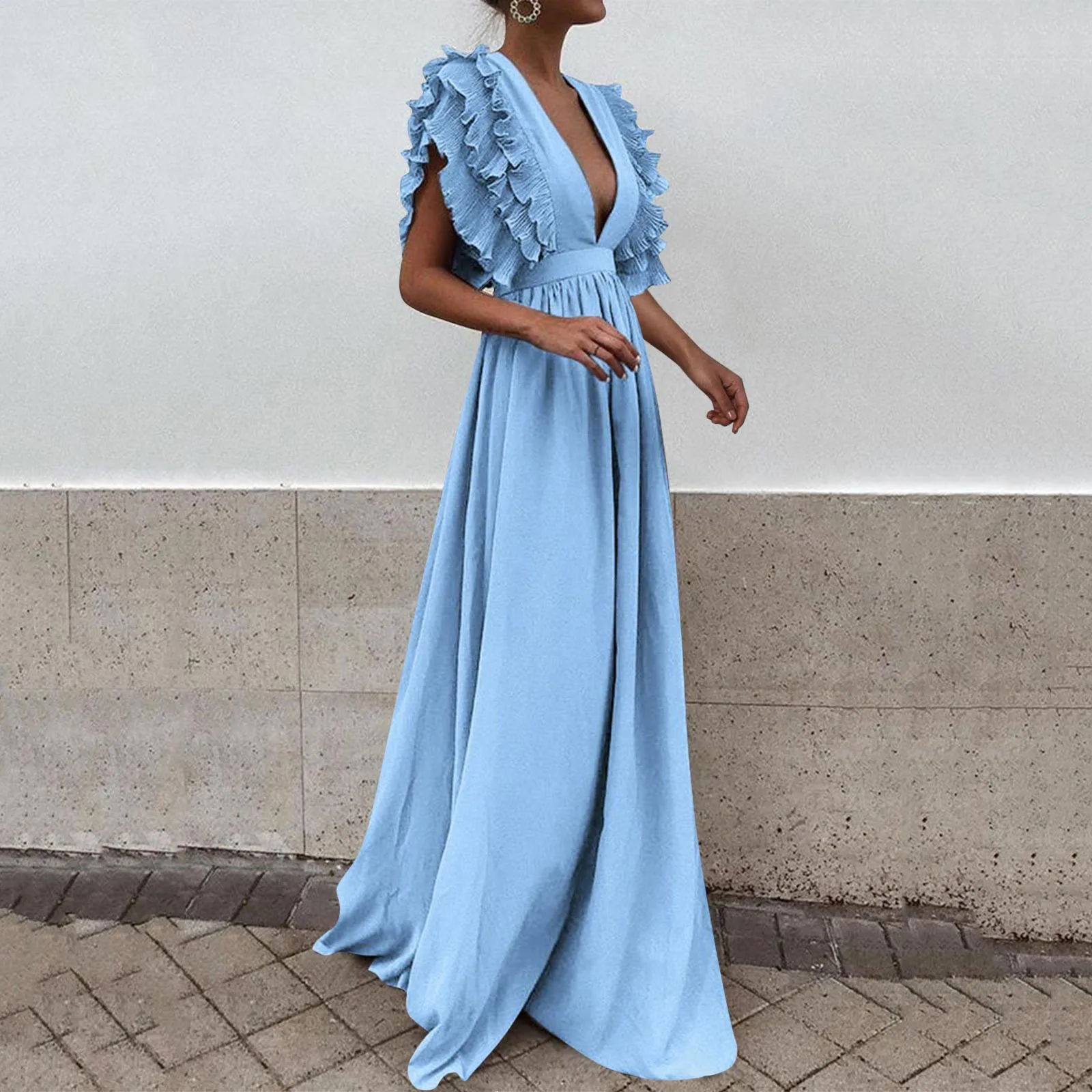 Formal Party Dress Women Sexy Deep V-Neck Long Dress Solid Color Elegant Flying Sleeves Backless Maxi Evening Dresses Robe