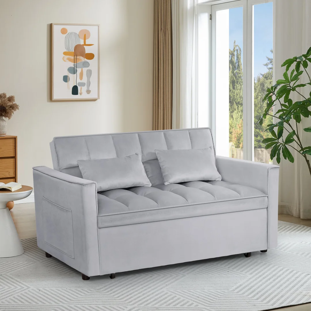 

54-Inch Adjustable Backrest Velvet Sofa Bed with Double Armrest & Pouch - Versatile Futon for Home & Office