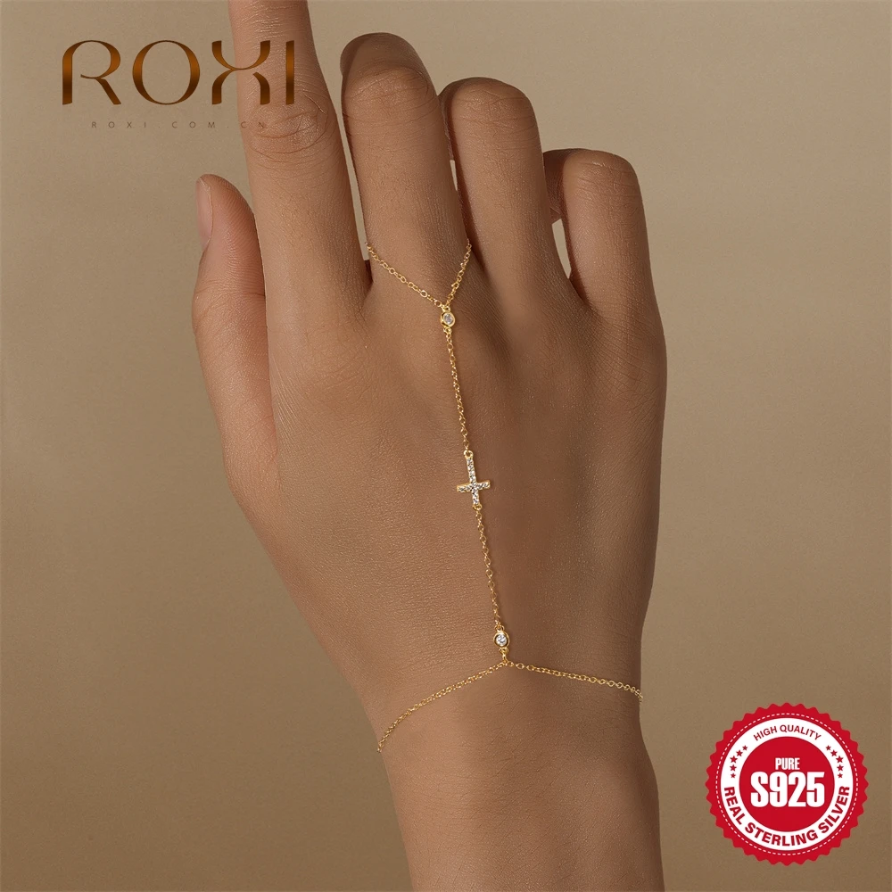 

ROXI 925 Sterling Silver Evil eyes Blue/White Zircon Cross Bracelet Finger Design For Women Hand Chain Bracelet Party Jewelry