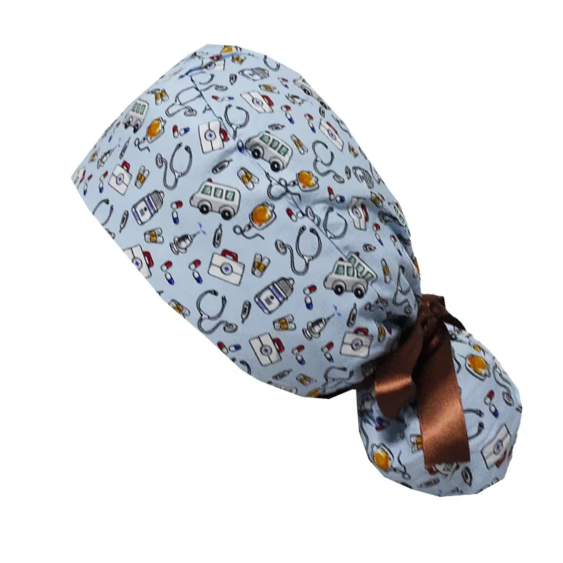 Gorro quirúrgico de pelo largo para mujer, gorro de trabajo con estampado de algodón ajustable, soporte para cola de caballo, lazo trasero, cuidado de belleza, gorro de enfermera de Hospital