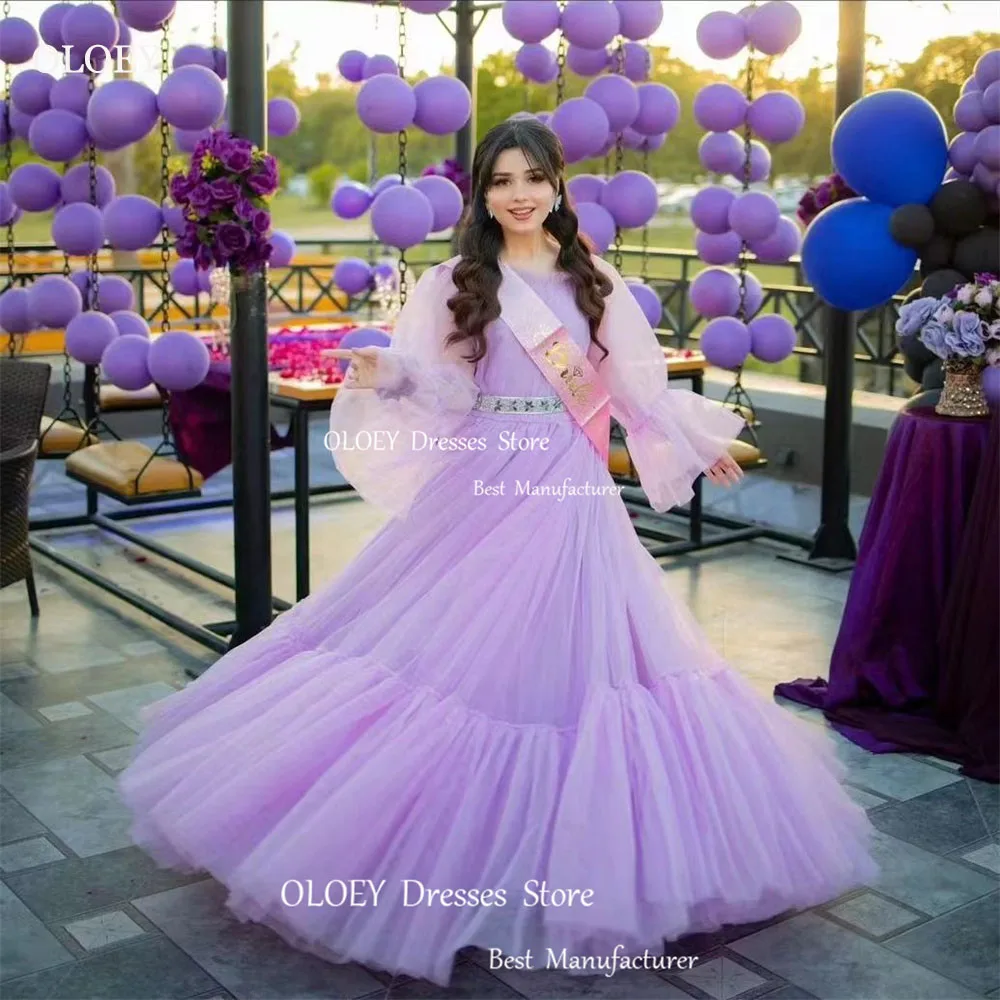 

OLOEY Exquisite Purple Tulle Tiered A Line Wedding Party Dress One Line Collar Full Sleeve Floor Length Evening Gown Dress