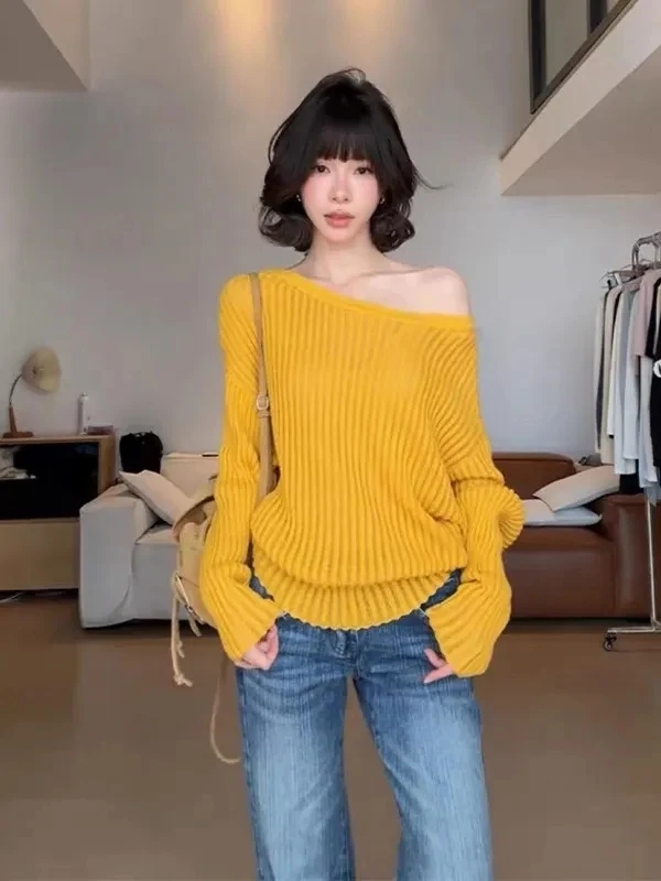 

plus Size Women's Yellow Long Sve Knitted Sweater Slouchy Sle Soft Comfortable Lazy Aosphere oulder Slanting Top