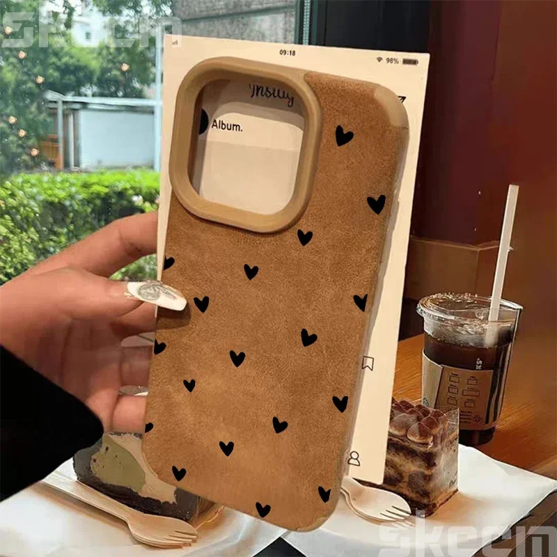 Small Love Heart Luxury Matte Lambskin Faux Leather Phone Case For iPhone 16 Pro Max 15 14 13 12 11 XS Max XR X 16 15 Plus Cover