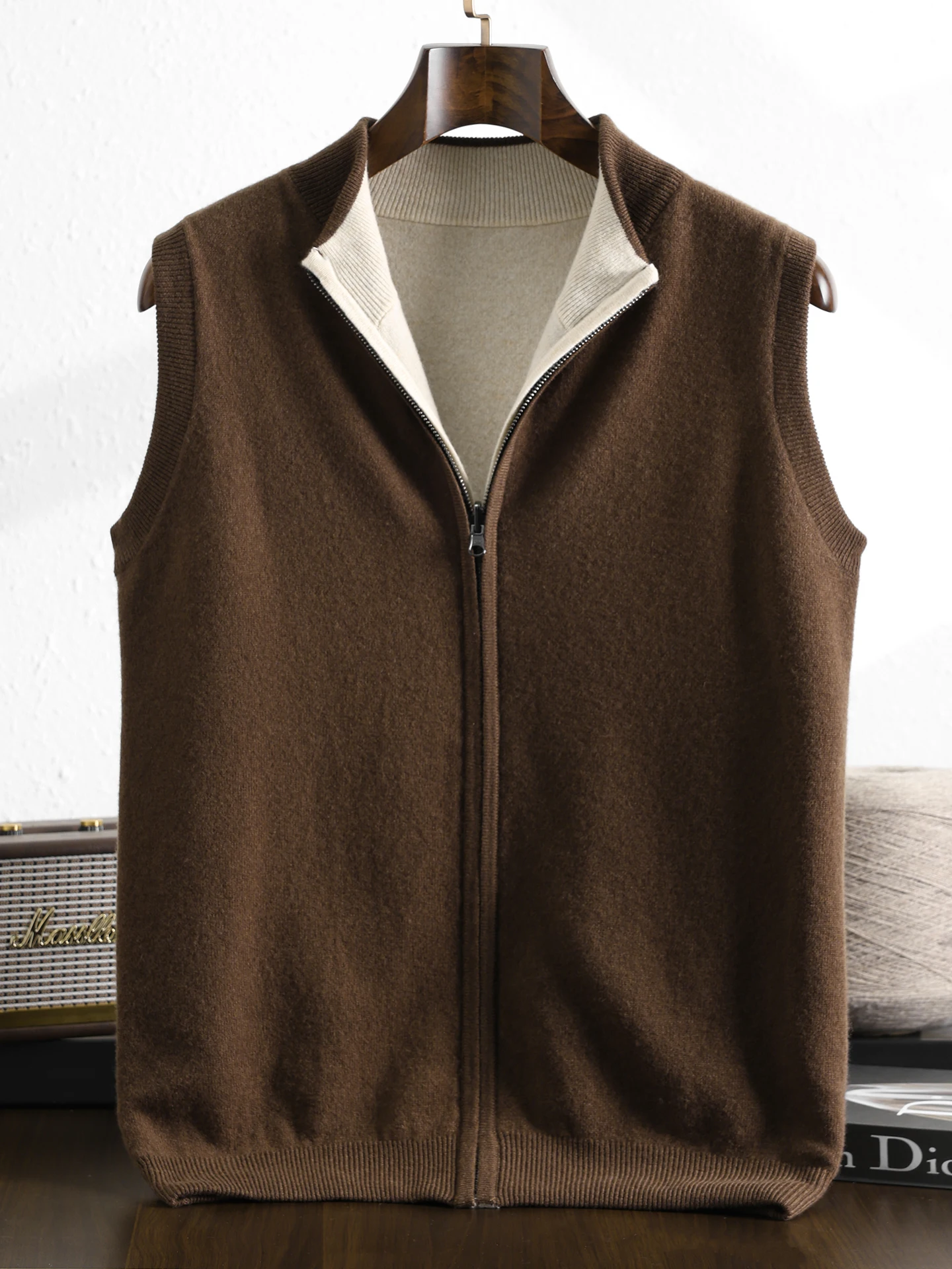 New Smart Casual Men 100% Merino Wool Sweater Vest Autumn Winter Man Knitwear Thick Cardigan Double Sides Cashmere Clothing Tops