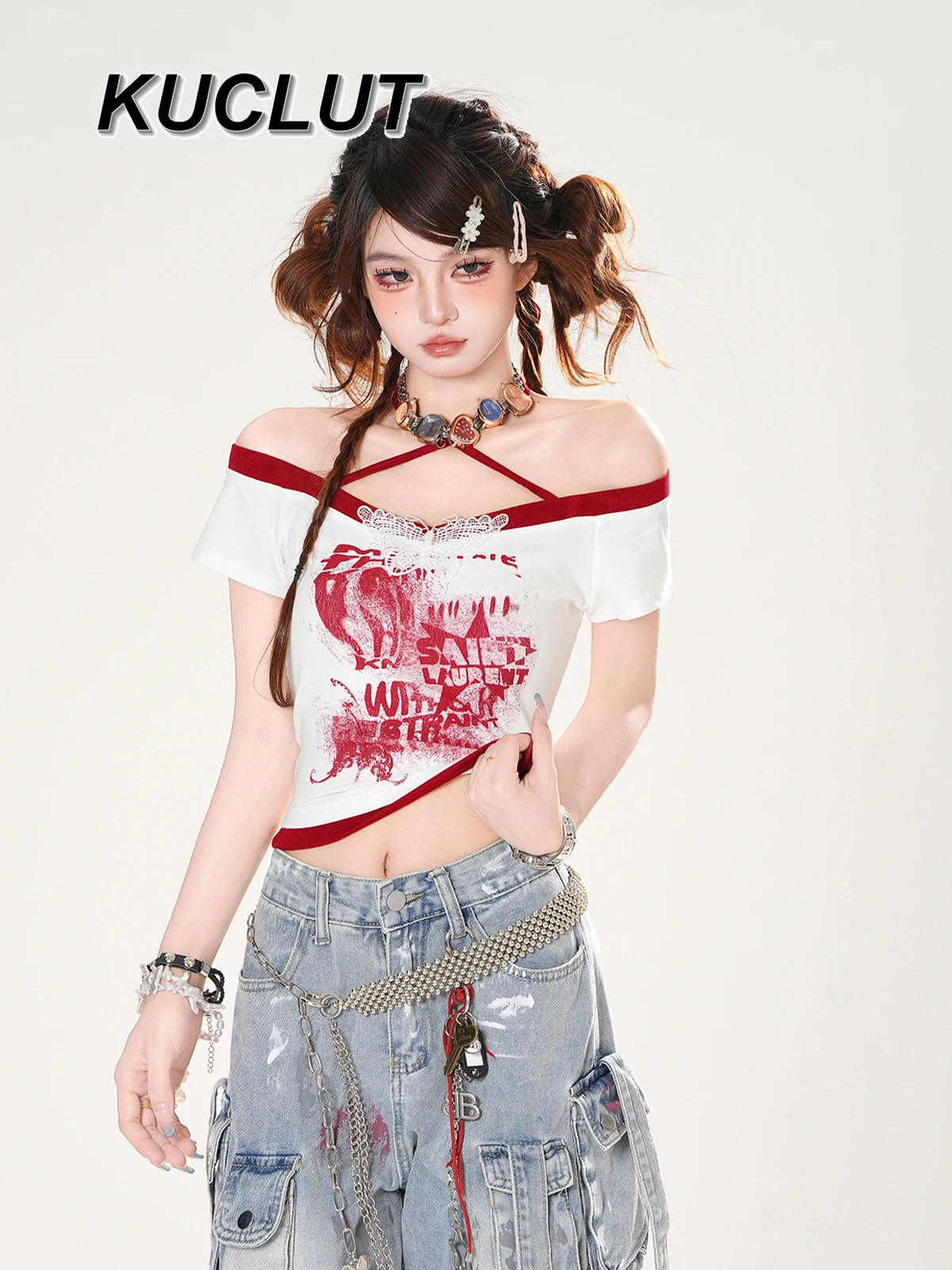 

2025 New Summer Short-sleeved Tshirts for Lady Fashion Lace Neck T-shirt Femme Y2k Style Women's Tees Summer Slim Short Top