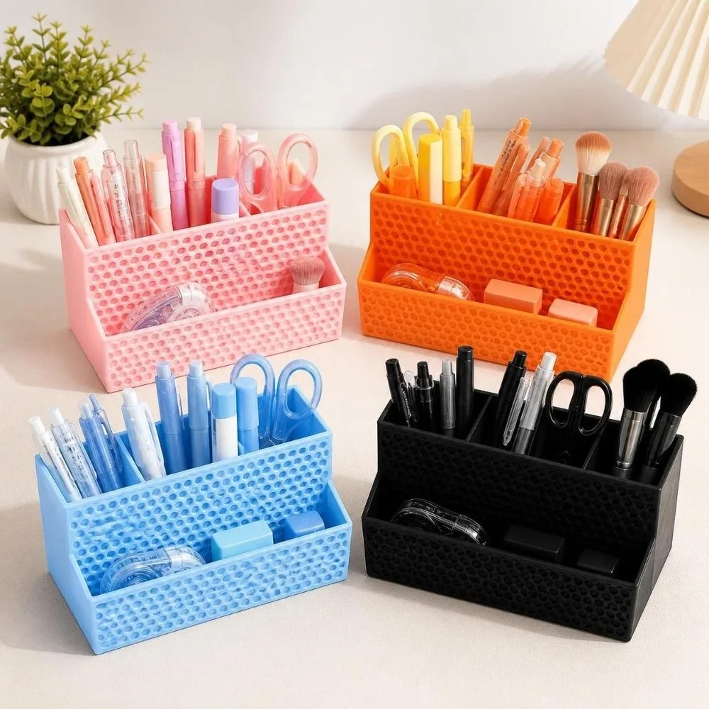 3D Printed Pen Holder Hollowed-out 4 Grid Stationery Organizer Creative Space-Saving Makeup Brush Storage Bucket Student Gift
