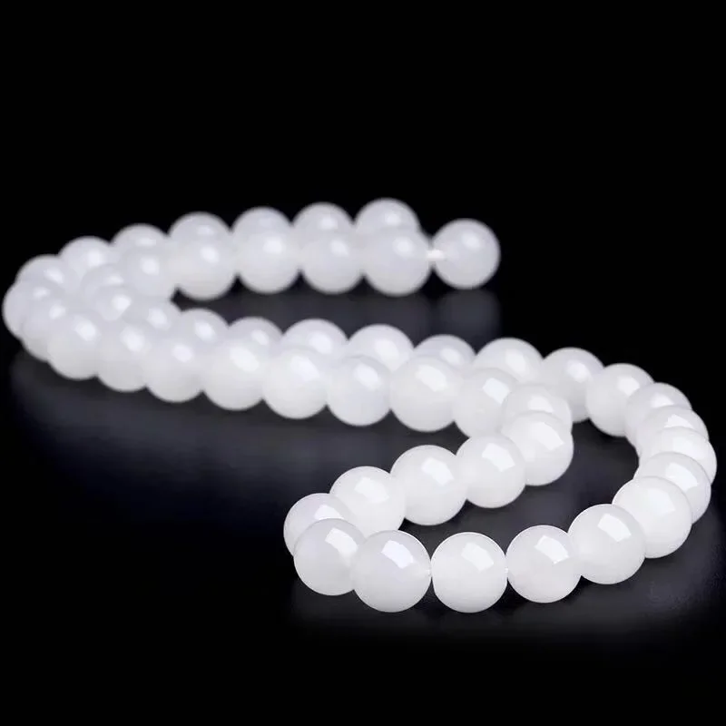 White Jade 8-10mm Beaded Necklace Green Beads Natural Fashion Gemstone Jewelry Charm Gift Chalcedony Amulet Women