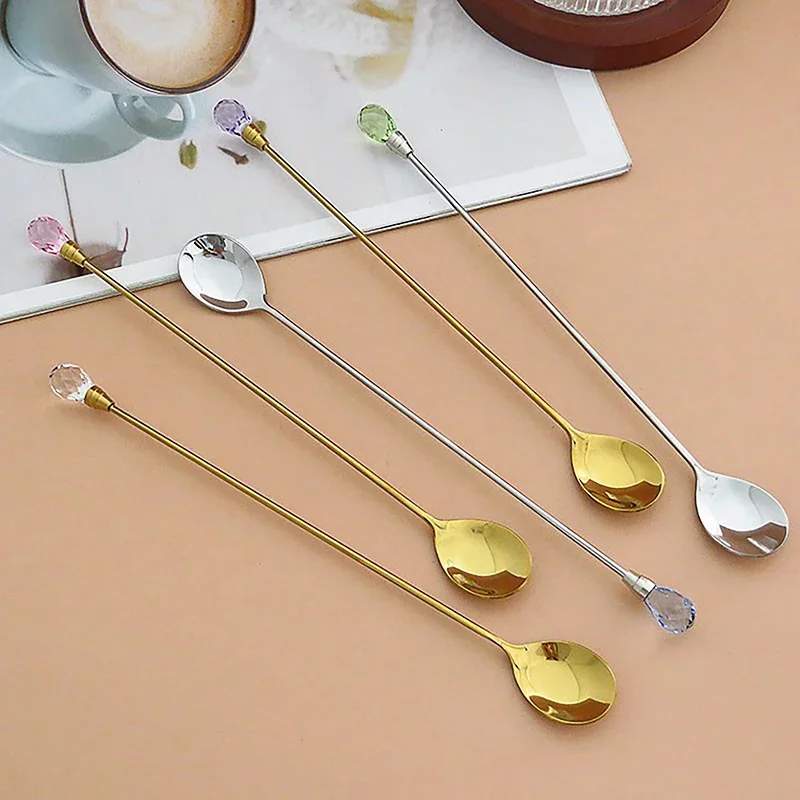 1pcs Crystal Spoon Set Long Handle Teaspoon 430 Stainless Steel Diamond Ice Spoon Perfect for Dessert Ice Cream Coffee Cocktail