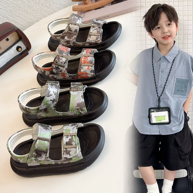 

Детские сандалии для мальчиков, новые летние пляжные туфли с мягкой подошвой и открытым носком, спортивные сандалии для детей среднего и старшего возраста.
