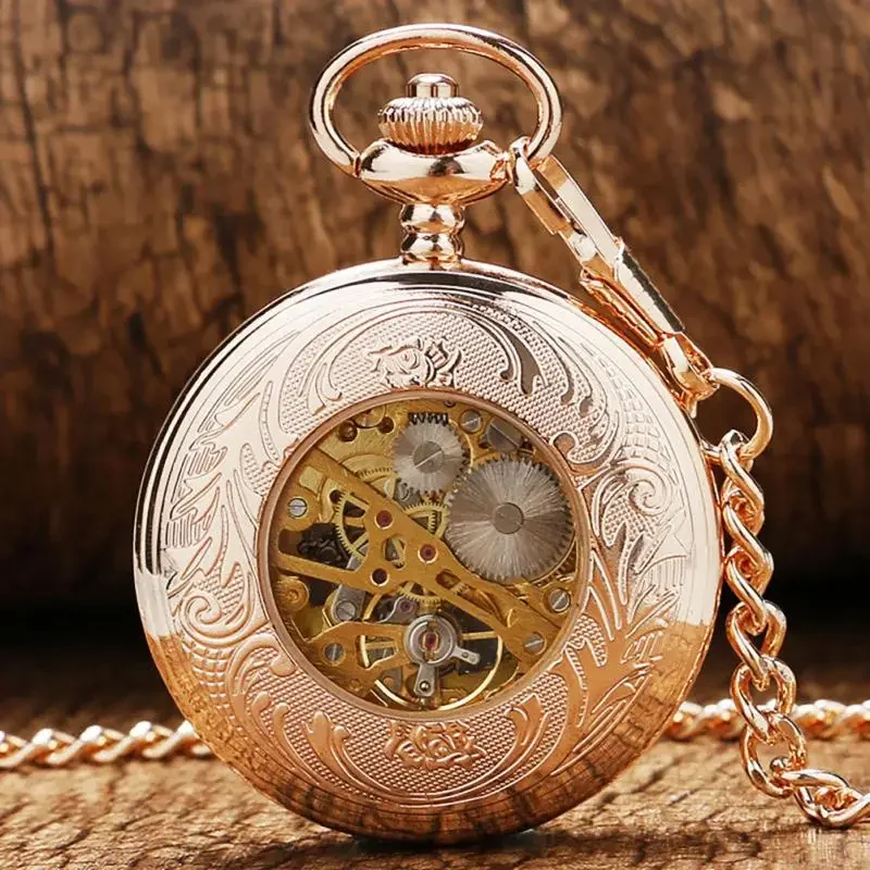 Antique Rose Gold Transparent Glass Roman Numerals Mechanical Hand Wind Pocket Watch Pendant Chain Clock Gifts Men Women reloj