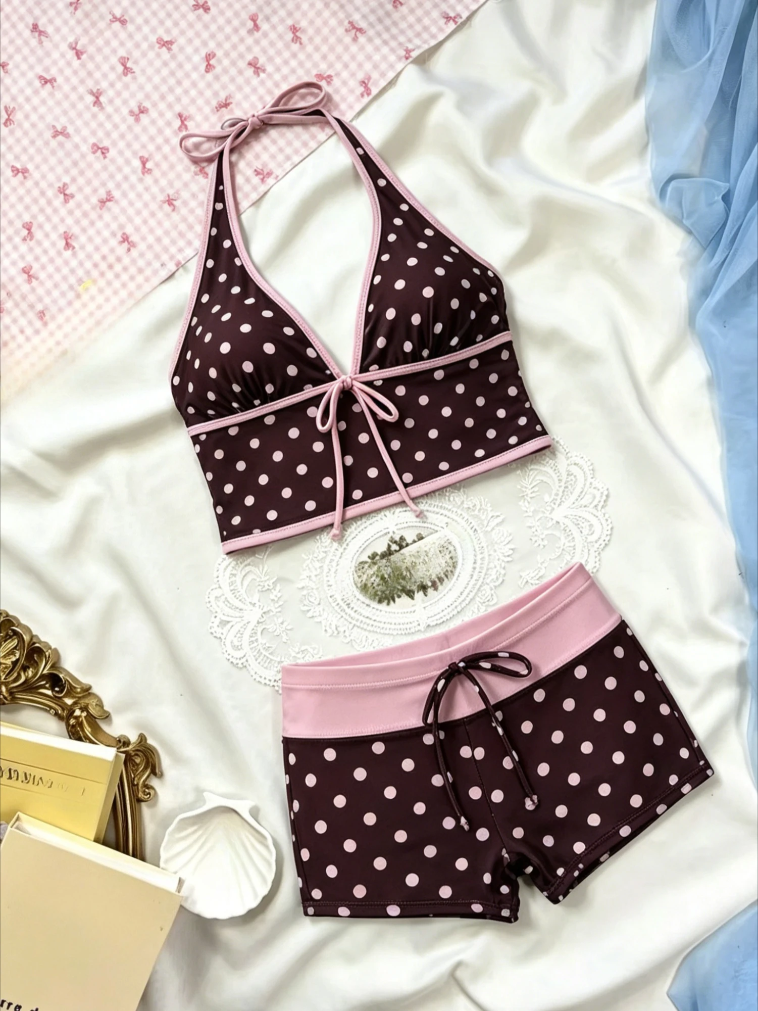 Korean Aesthetic Bikini Set Ladies V Neck Tie Side 2 Piece Swimwear High Cut Slim Bodycon Summer Beach Bathing Suit