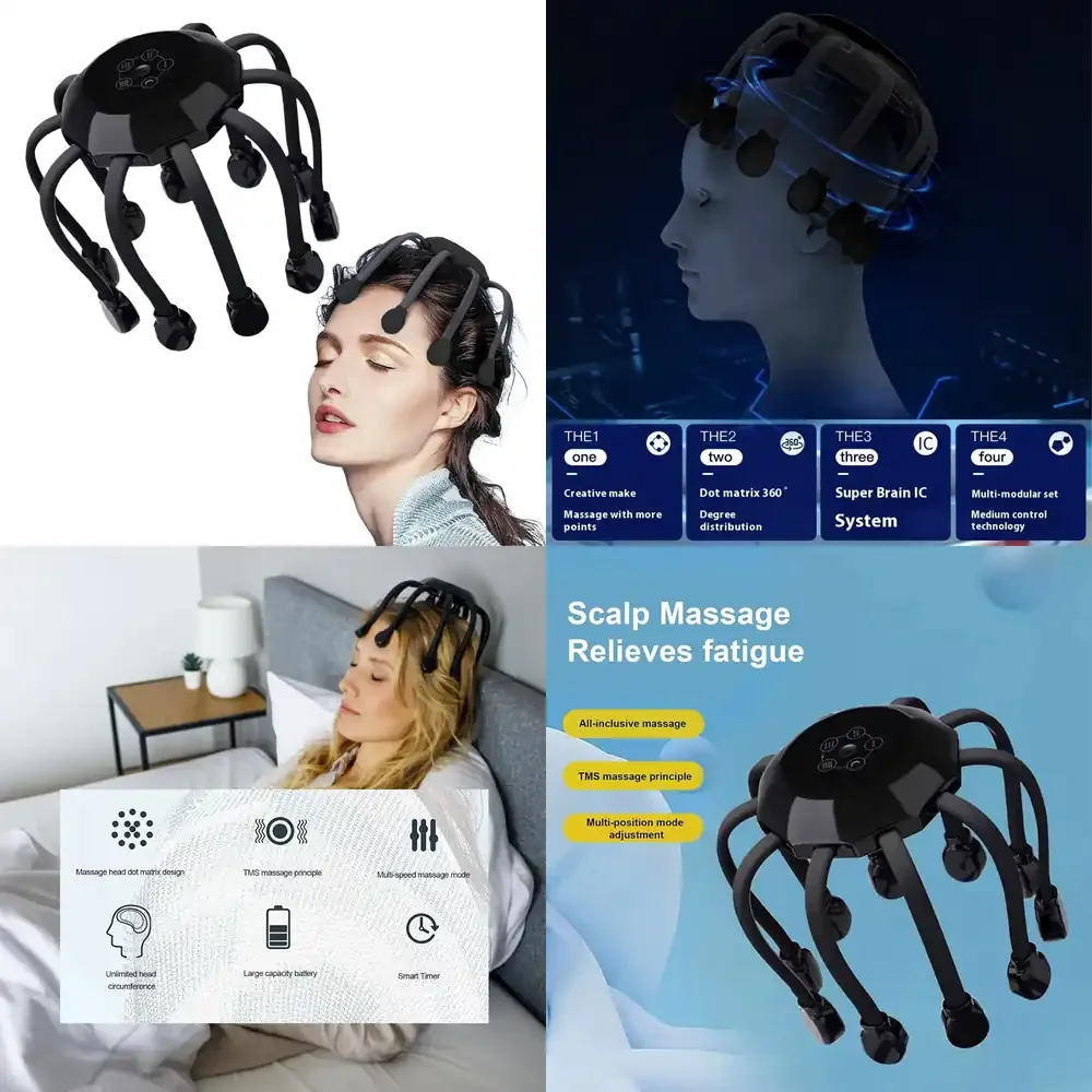 Electric Octopus Head Massager for Scalp Stress Relief Cordless 360 Degree Head Scratcher with 20 Silicone Claw Nodes