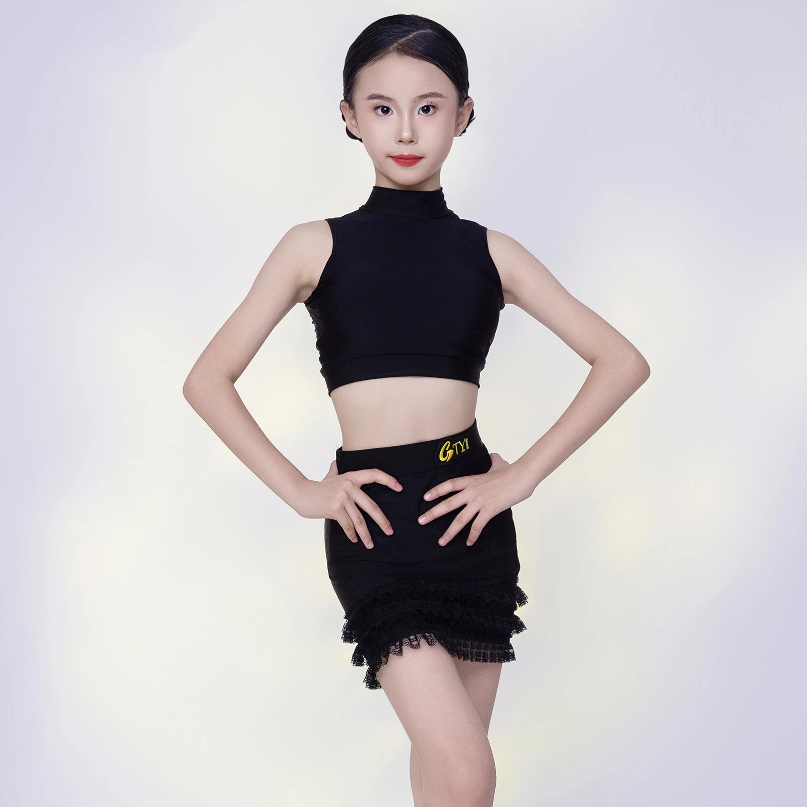 

Girls Competition Clothing Latin Dance Performance Costumes Black Suit Tops Skirts Chacha Samba Practice Clothes Wear DQL11051