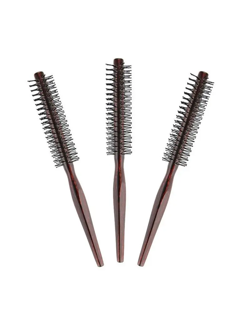 1 Pcs Curly Hair Styling Roller Comb Mini Round Nylon Hair Brush With Wooden Handle For Thin Or Short Hair Men Women Use