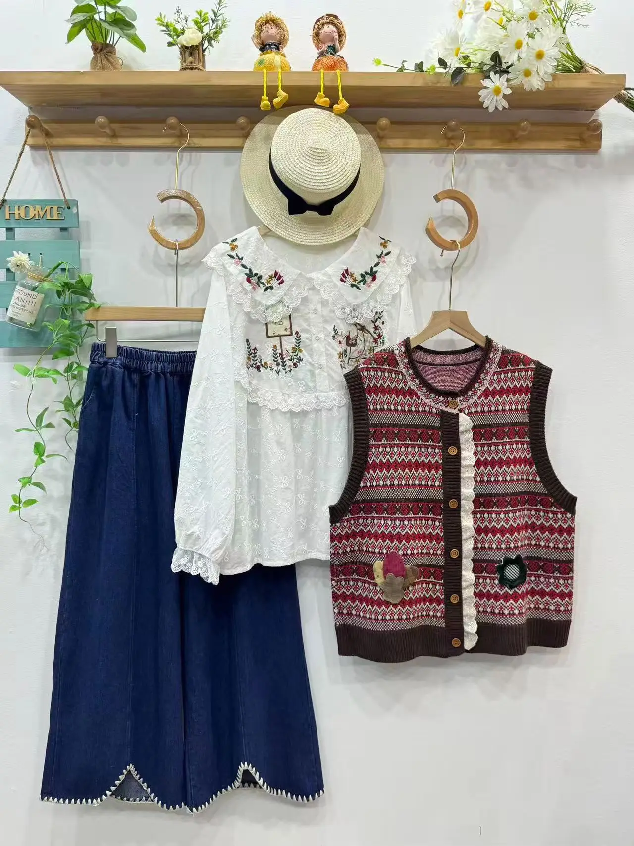 Retro Patchwork Knitted Lace Floral Print Loose Fit round Ne Vest Layering Faionable Top for Women Commute Sle Autumn C...