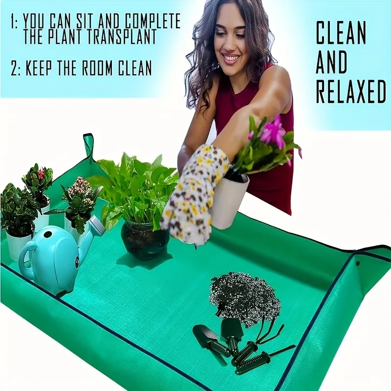Large Plant Transplant Mat, Foldable Heavy-Duty PE Gardening Tray, Indoor/Outdoor Soil Control, Easy-to-Clean for Mixing, Green