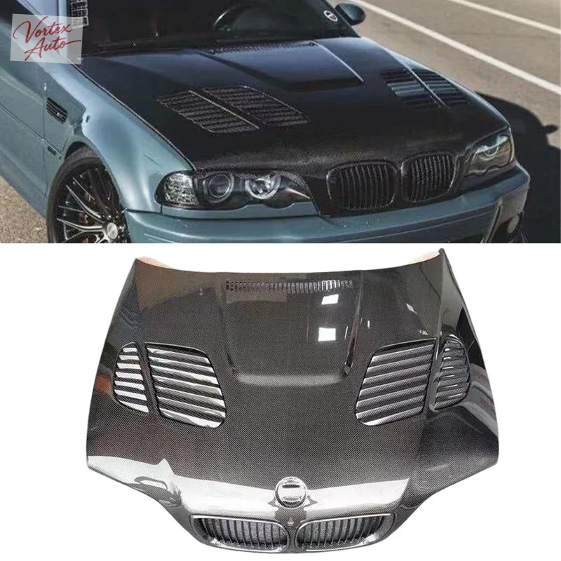 For BMW 320i 323i 325i 328i 330i E46 Carbon Fiber Vented Engine Hood Bonnet GTR Style Lightweight Racing Performance Upgrade