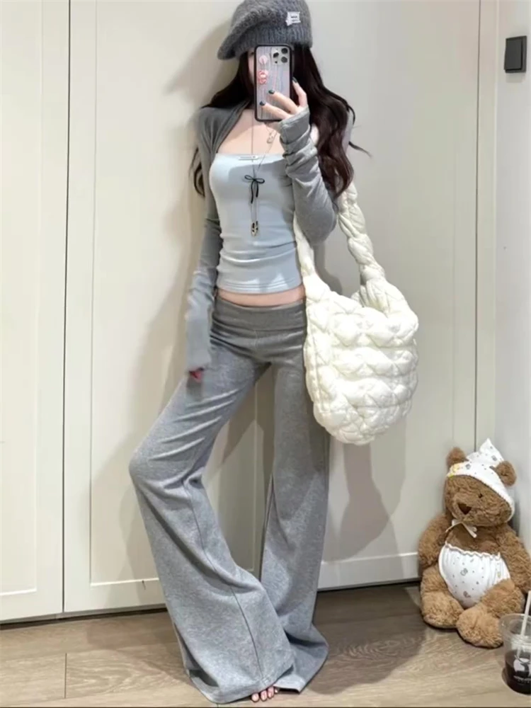 

ey Knitted Flared Pants Women's Casual Spor Yoga Trousers Slimming Bell Bot Low Waist Spring New Sle Floor Length