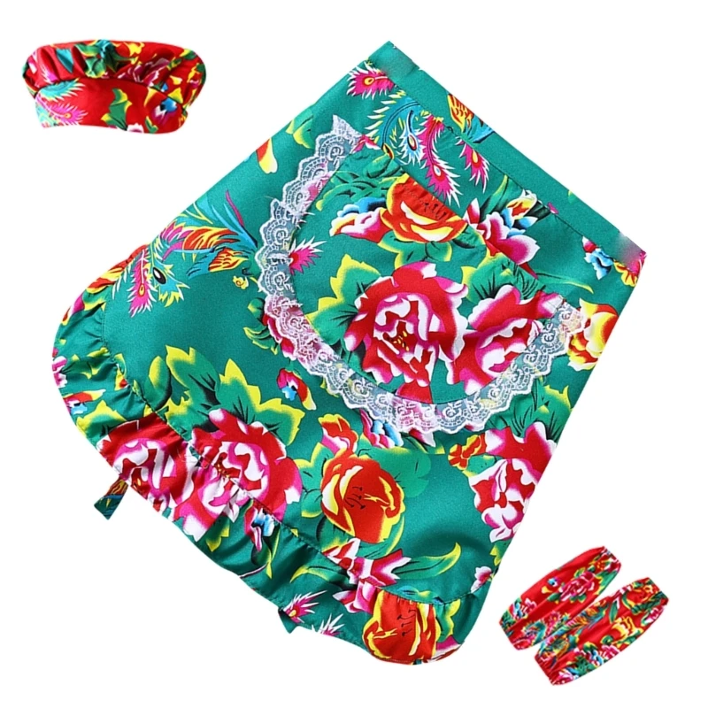 652F Flower Apron Waist Apron Cooking Aprons Hat Kitchen Apron Arm Sleeves Waitress Apron Short Half Apron for Restaurant