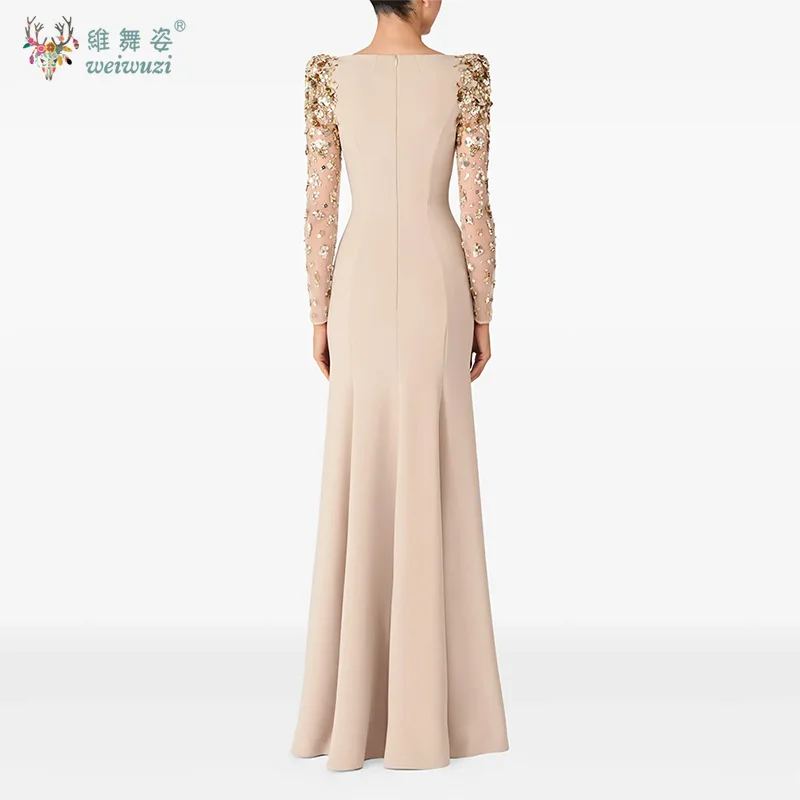 Mais recente moda luxuosa e requintada malha lantejoulas bordado manga comprida em torno do pescoço fino ajuste cintura cinched vestido de noite