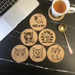 Cork Coaster Engraved Cute Cat Design Tea Coffee Mug Drinks Holder for Kitchen Natural Wooden Mat Tableware Round Drink Coaster