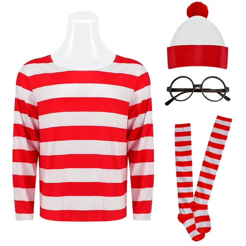 Wheres Waldo Striped Shirt Youth  Boys Wally Costume Shirt Glasses and Hat Socks Unisex  Adults Halloween Cosplay Costume