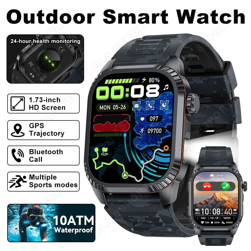 

Светодиодный фонарик, мужские умные часы, уличные IP68, водонепроницаемый AMOLED-экран, Bluetooth-вызов, GPS-трекер, умные часы, несколько спортивных режимов