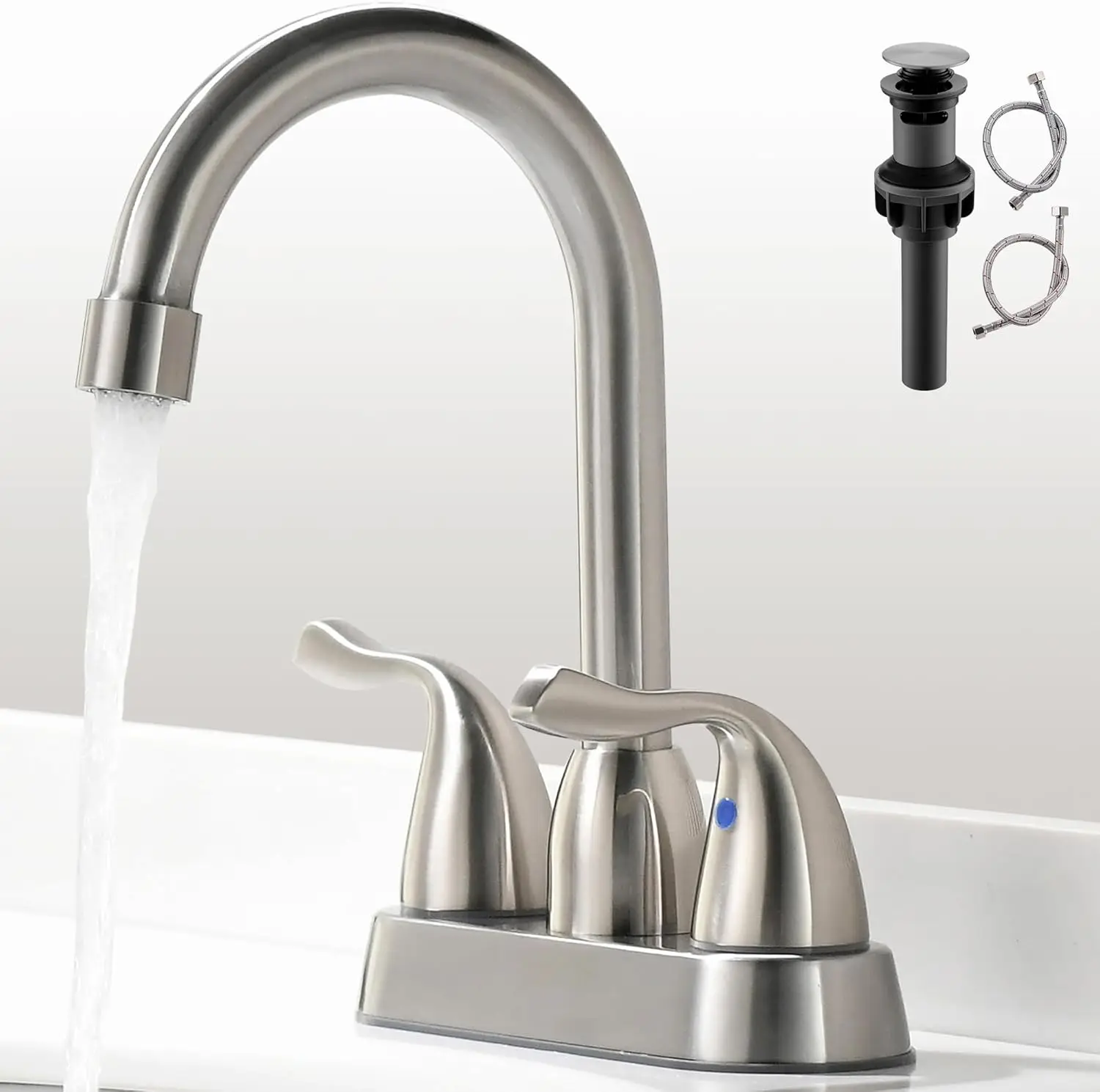 

2 Handle Brushed Nickel Bathroom Sink Faucet, 4 Inch Centerset for 2 or 3 Hole Vanity with Pop-up Drain and Supply Lines