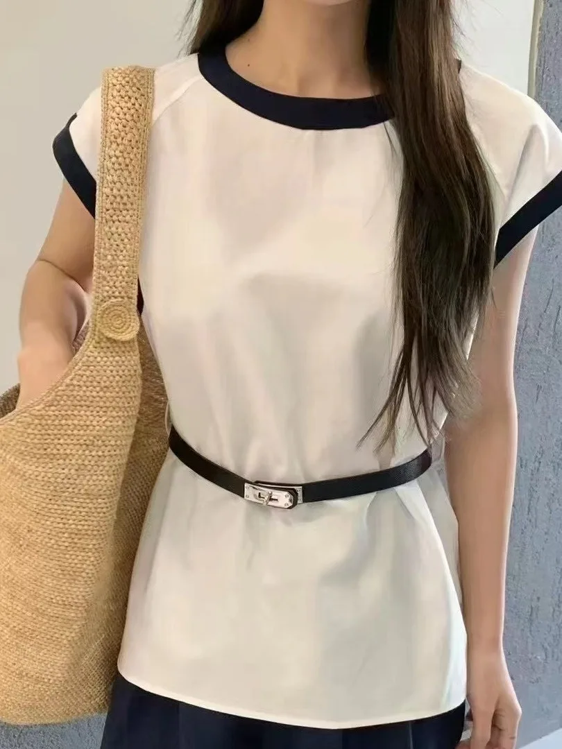 

Chic Korean Sle Svel round Ne irt Women's Summer New Top with Belt Ele Personali High-End Feeling irt