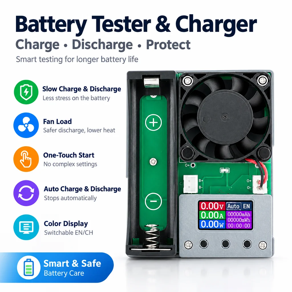 BTF-01 18650 Lithium Battery Charger Discharger Tester Automatic Charge Discharge Module Slow Charge Fan Cooling Type-C DC 5V