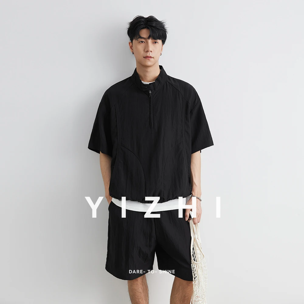 Fashion Men's Suit Lyocell Sun Protection Short Sleeve Short Sleeve Summer Leisure Outdoor Sports Loose Stand Collar Top Shorts