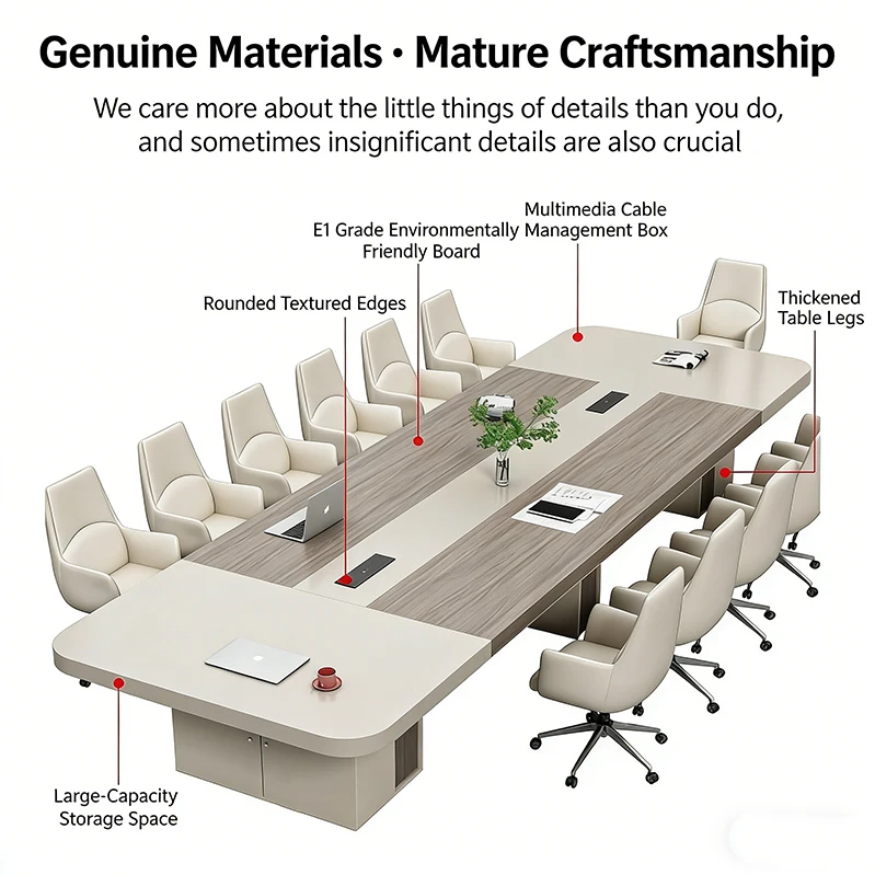 

# Eco-Friendly Long Conference Table And Chairs Set 50mm Thickened Top With Multimedia Cable Box Storage Cabinet For Office Use