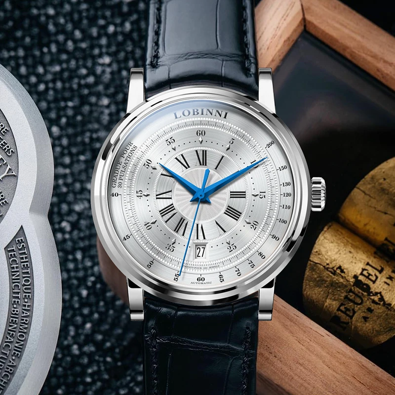 LOBINNI montre classique pour hommes avec bracelet en cuir ST1612 mouvement Date 50 m étanche 40,5 mm montres automatiques
