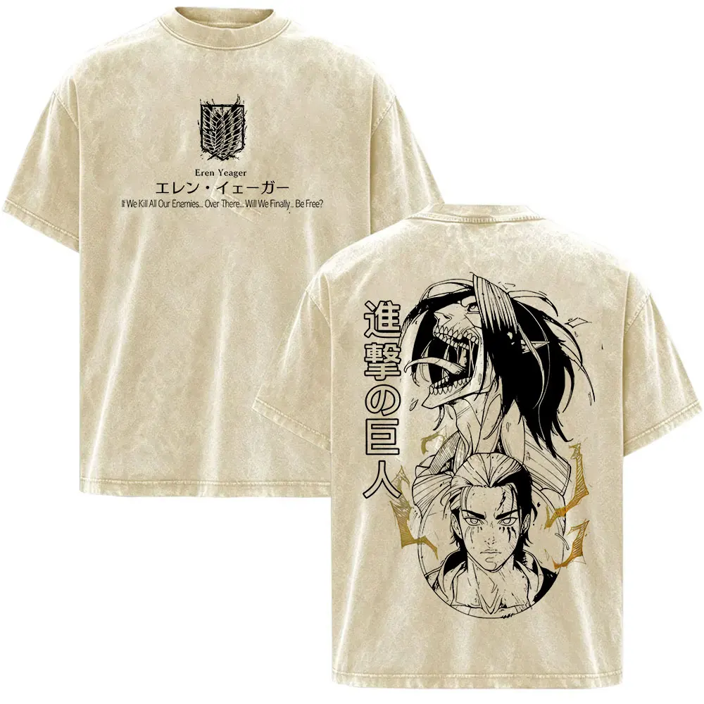 Vintage Washed Attack on Titan Anime T-Shirt für Männer, Neues Manga Eren Yeager Grafik-T-Shirt, Lässiges Baumwoll-Kurzarm-T-Shirt für Herren – Detail 5