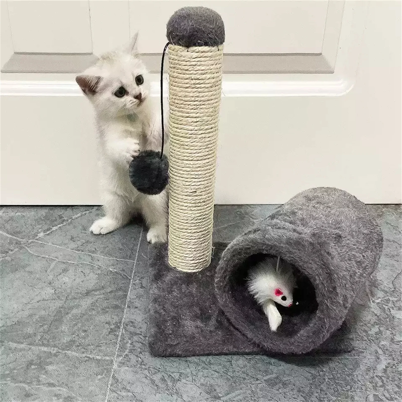 

Cat Scratching Post Cat Kitten Sisal Scratch Post Play Toy w/ Tunnel & Mouse Toy