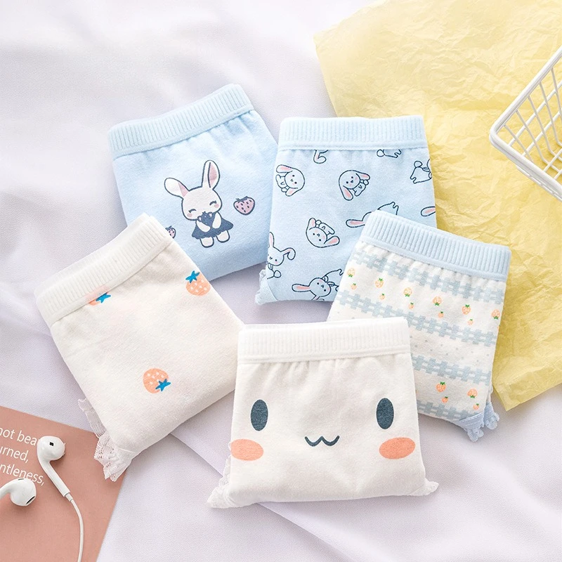 Kawaii Japanese Style Blue Rabbit Cartoon Printed Cotton Breathable Mid Waist Stretch Women Briefs Underwear