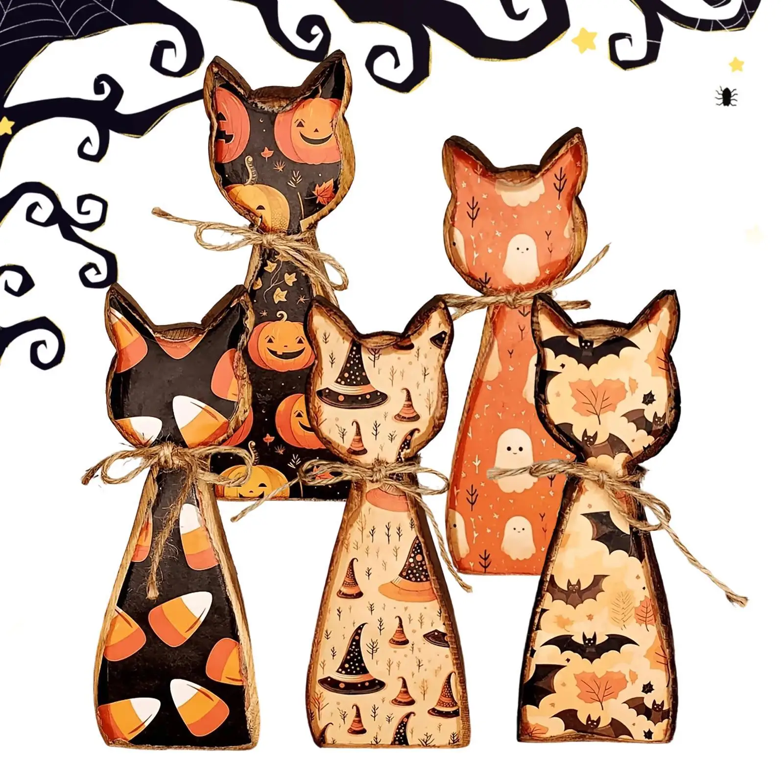 Halloween Cat Tabletop Figurine 5 Pieces Rustic Spooky Double-Sided Farmhouse Wood Cat Shelf Desk Decorations for Home Mantel