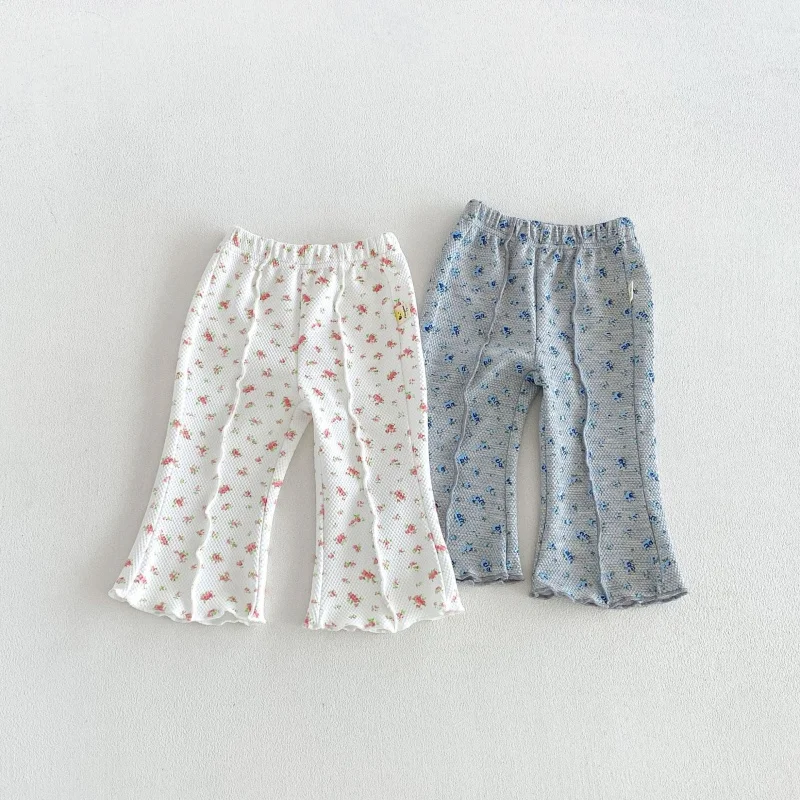 2026 Autumn Korean Style 6M-4Y Baby Girls Trousers Floral Print Ruffle Cuff Soft Pants Elastic Waist Casual Kids Bell Bottoms