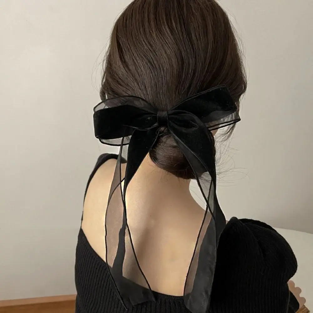 

French Black Hair Bows Hair Clip Ribbon Velvet Hairpin Hepburn Style Long Tulle Hair Barrette Lady Girls