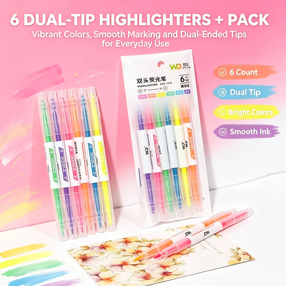 3/6Pcs Set Dual Tip Highlighter Pens, Fluorescent Marker, Double Head Drawing Pen for Note School Office Stationery Supplies
