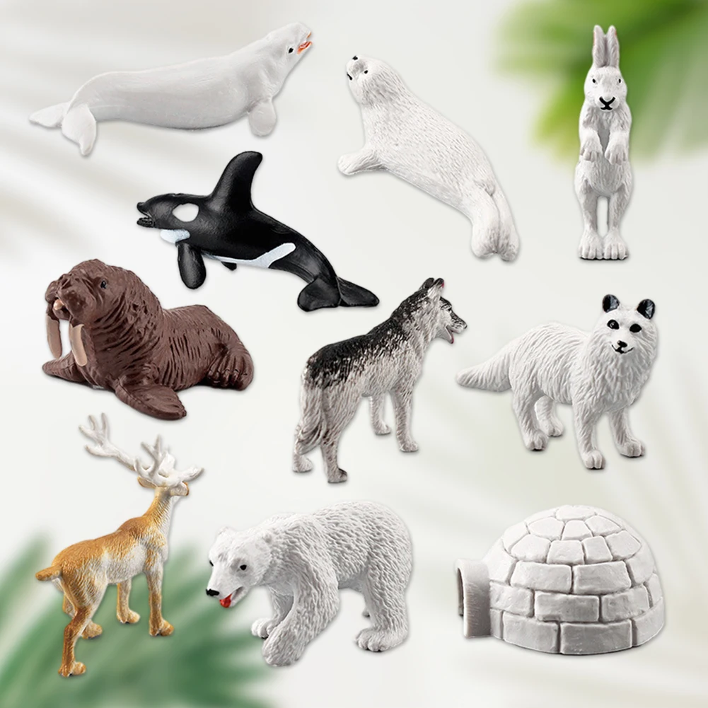 10Pcs Polar Animals Figurine Set Whale Penguin Dolphin Polar Animal Statues Model Set Fox Goat Sea Lions Igloo for Kids Children