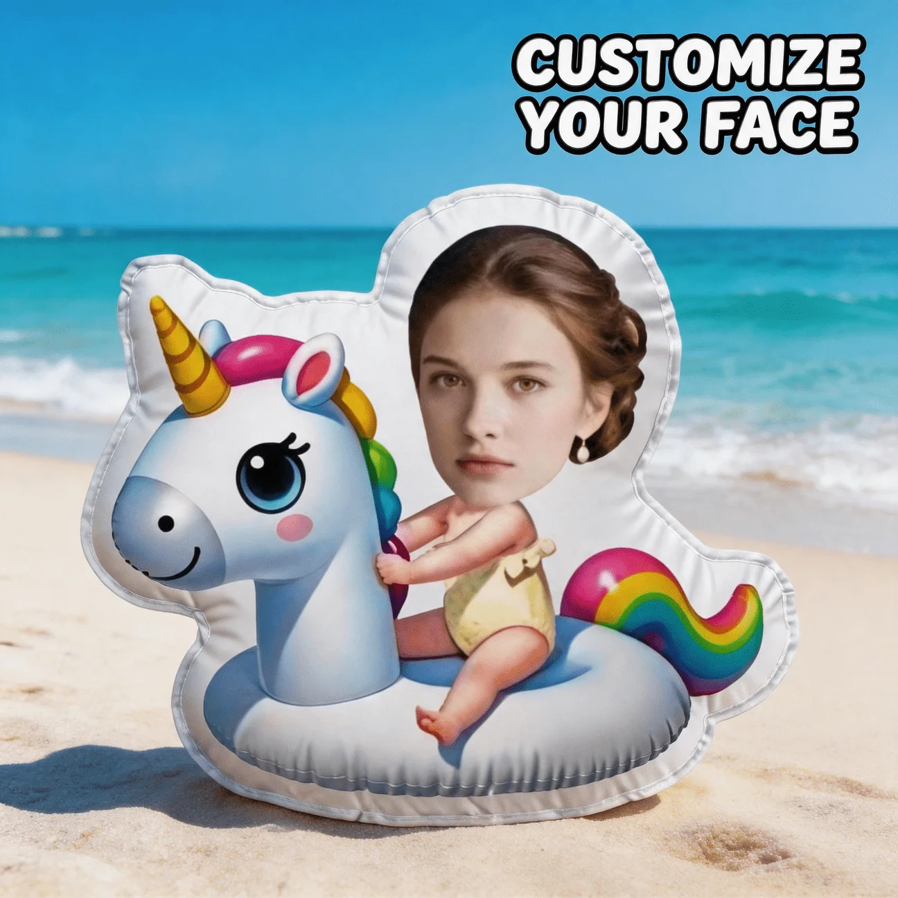 Custom Photo Shaped Pillow, Personalized Face on Rainbow Unicorn Float Design Decorative Cushion, Unique Novelty Home Decor Acce