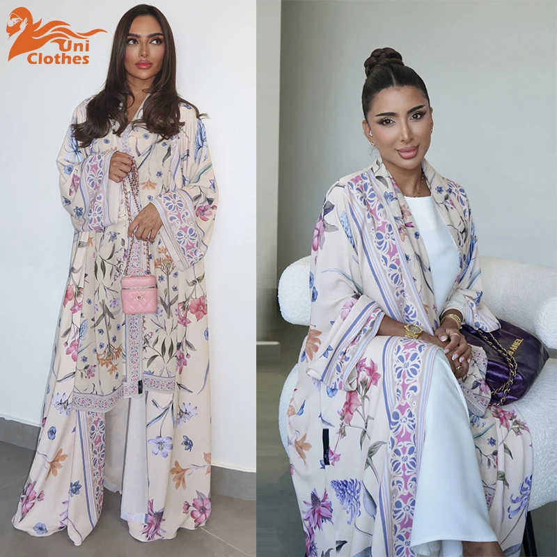 

UNI Eid Women Abaya Flower Print Open Cardigan Scarf Party Dress Muslim Long Sleeve Jalabiya Ramadan Abayas Kaftan Arab Robe