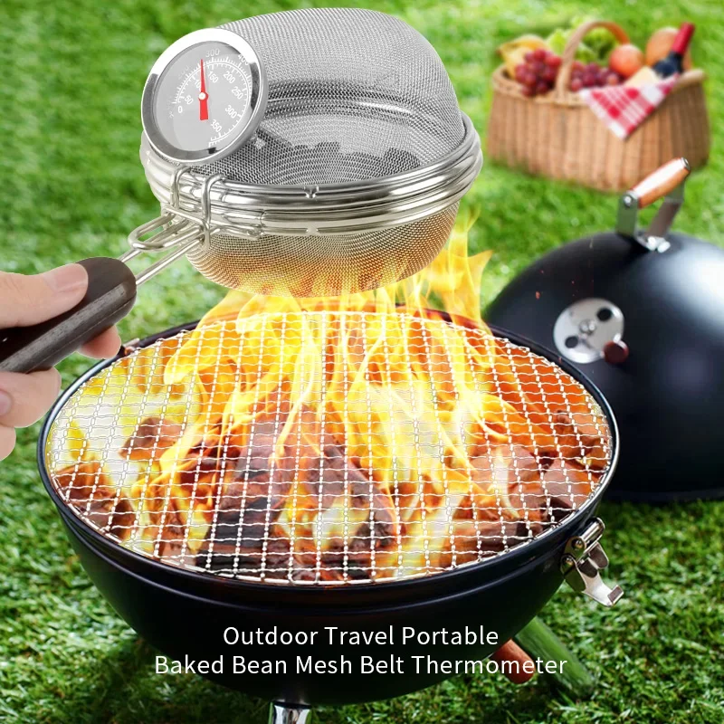 Wooden Handle Stainless Steel Coffee Roaster Net with Thermometer Fried Bean Roasting Net Home Open Fire Coffee Bean Roaster