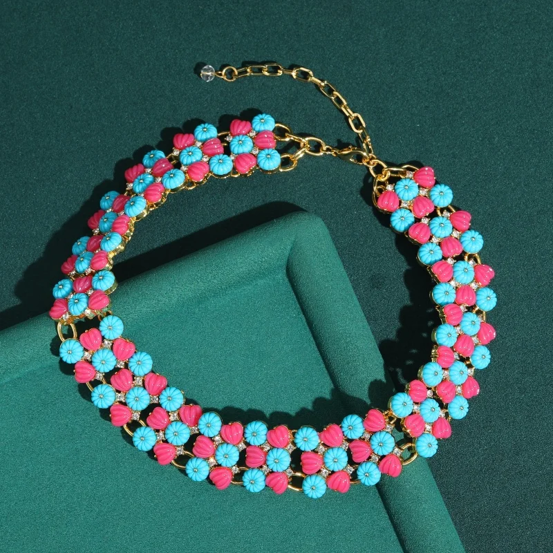 Vintage Blue And Red Color Pumpkin Fruit Jewelry Sets Luxury Natural Stone For Woman Necklace Bracelet Earrings Anniversary Gift