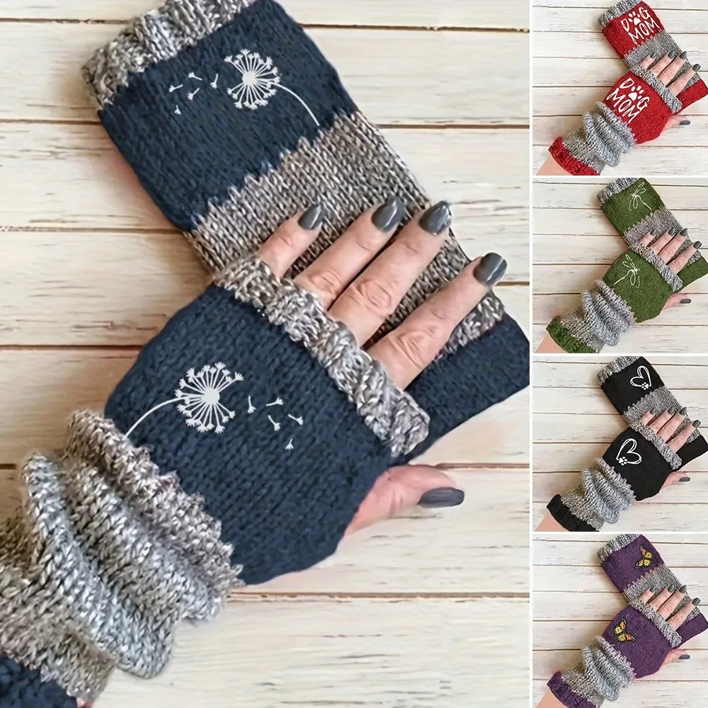 Trendy Accessories Embroidered Knit Gloves Thickened Warm Half Finger Gloves Cotton Soft Fingerless Gloves Autumn Winter