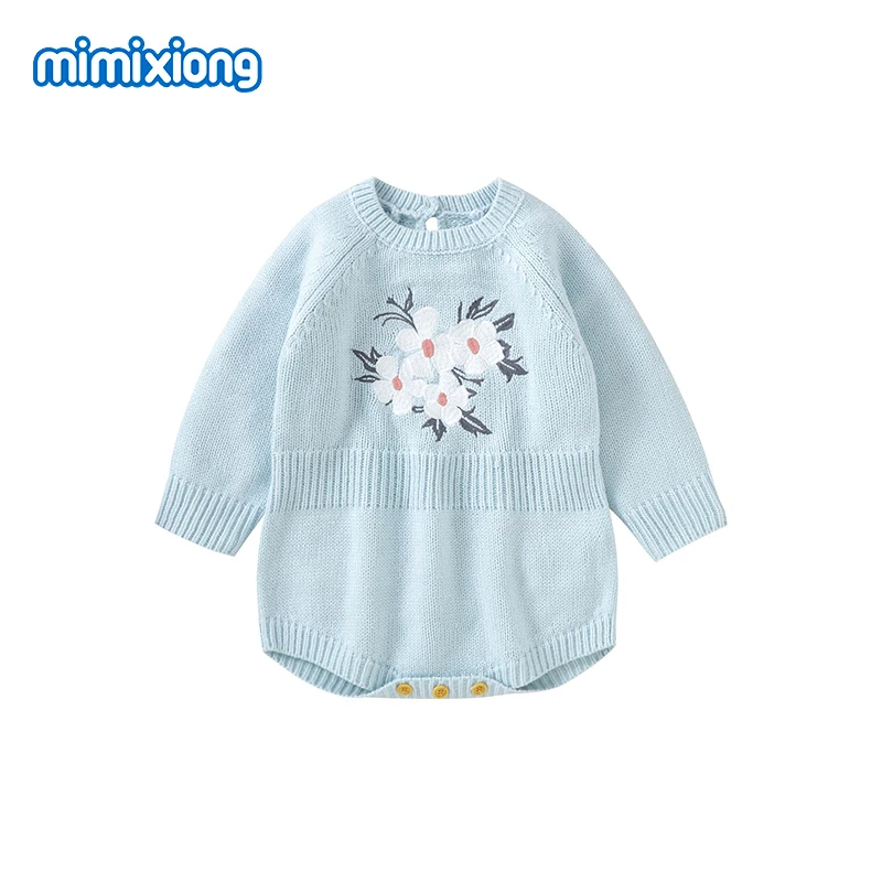 

Baby Girls Bodysuits Blue Long Sleeves Embroideried Newborn Infant Floral Onesie Clothes Autumn Winter Outwear Toddler Jumpsuits