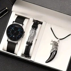 3pcs/set, Fashion Men's Mesh Band Business Quartz Watch & Wings Hand Rope & Wolf Tooth Pendant Necklace