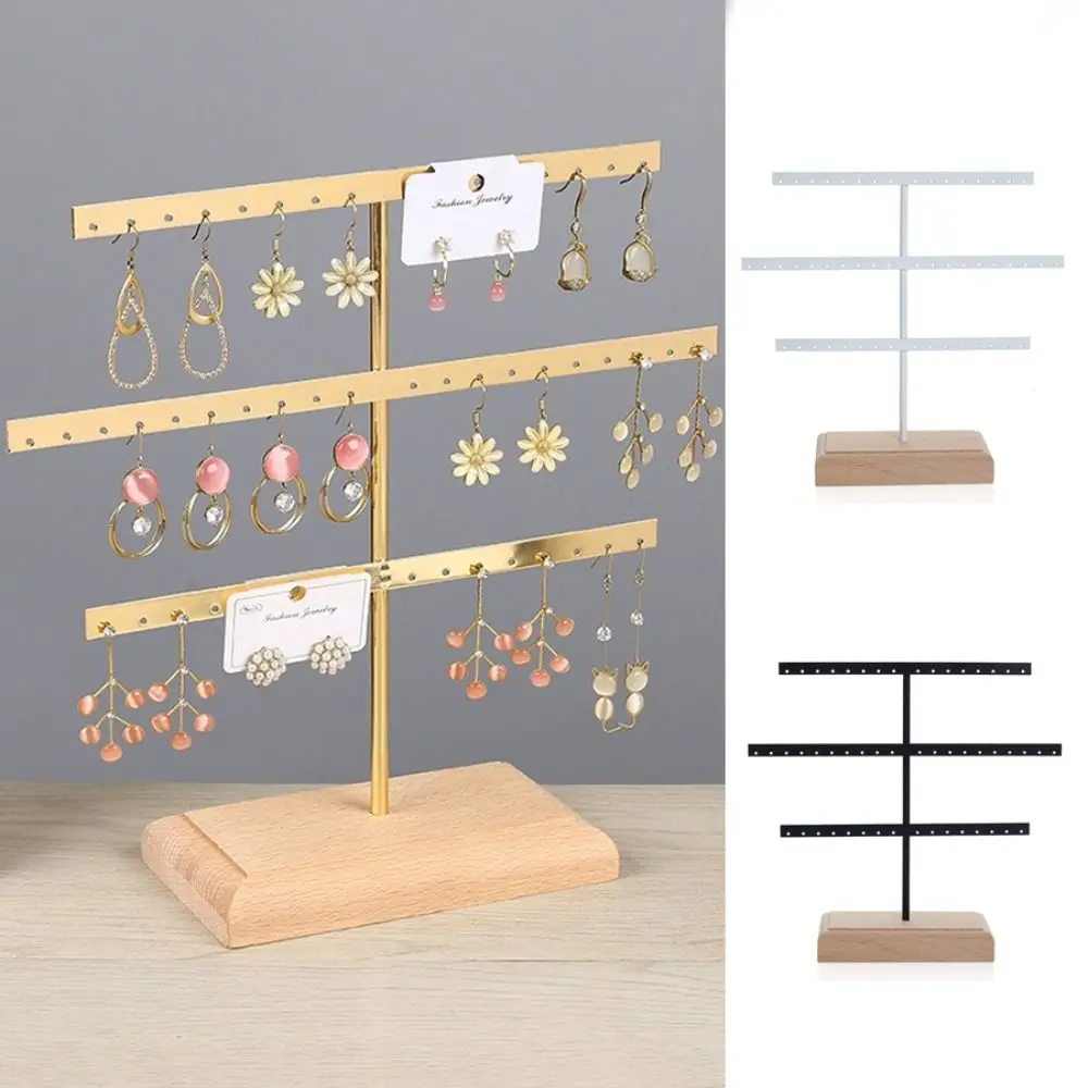 

52 Holes Earrings Display Stand Metal Wooden Base Jewelry Storage Rack Space Saver Necklace Bracelet Anklet Stud Holder Desktop
