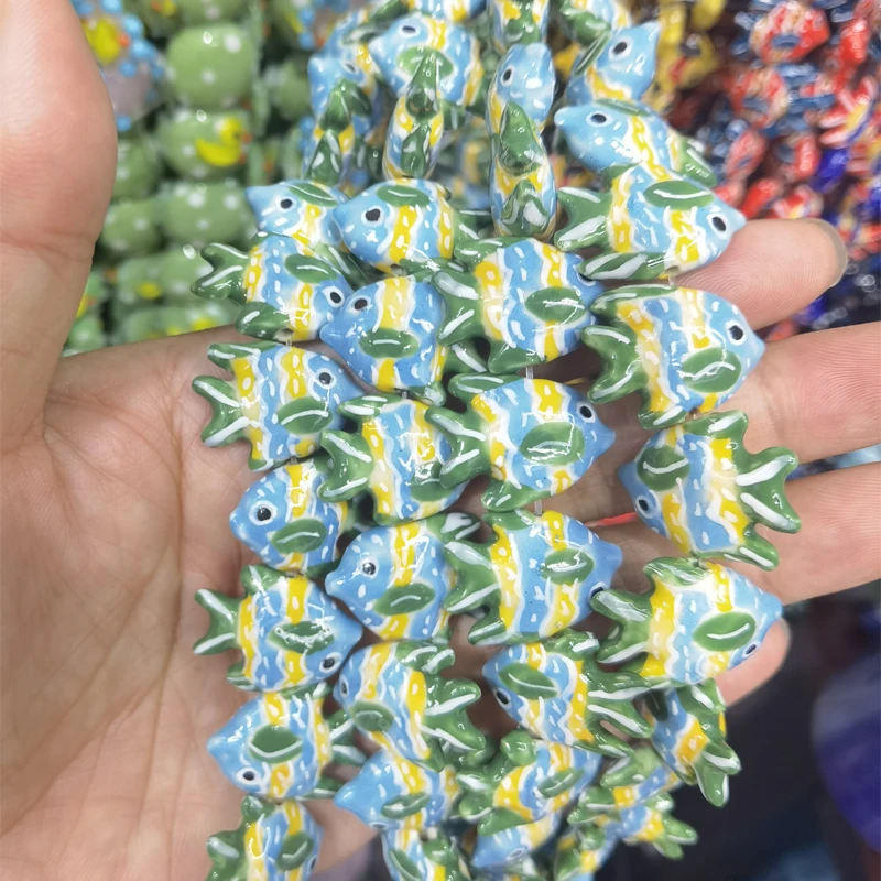 5pcs 22x18mm Hand Painted Striped flatfish Ceramic Beads DIY Loose Spacer Ceramics Fish Bead For Jewelry Making Earring Pendant